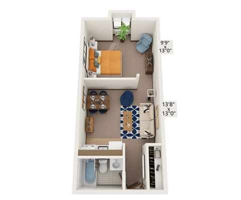 Floor plan for studio, 1 bath, 500 sqft